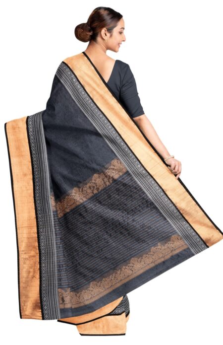 Handwoven Tussar Silk Jaquard Saree - Black - Image 3