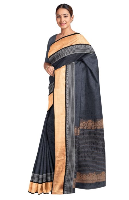 Handwoven Tussar Silk Jaquard Saree - Black - Image 2