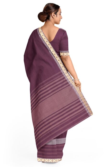 Tangail Handwoven Mercerised Cotton Saree - Dark Wine - Image 3