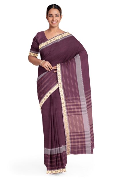 Tangail Handwoven Mercerised Cotton Saree - Dark Wine