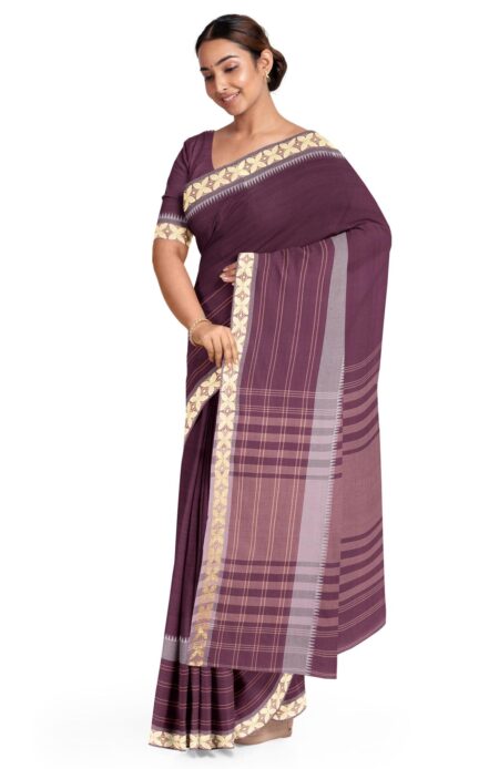 Tangail Handwoven Mercerised Cotton Saree - Dark Wine - Image 2