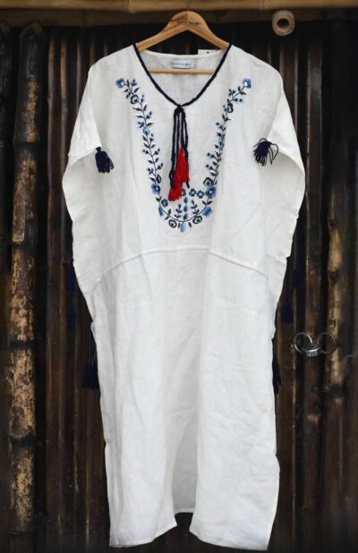 Handwoven indigo embroidered off white linen kaftan
