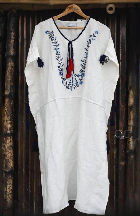 Handwoven indigo embroidered off white linen kaftan