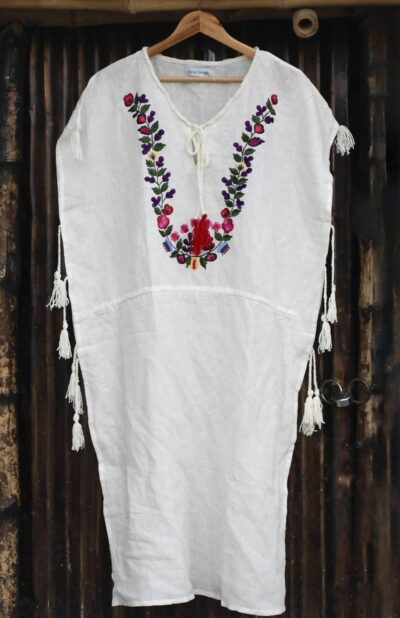 Handwoven multicolored embroidered off white linen kaftan
