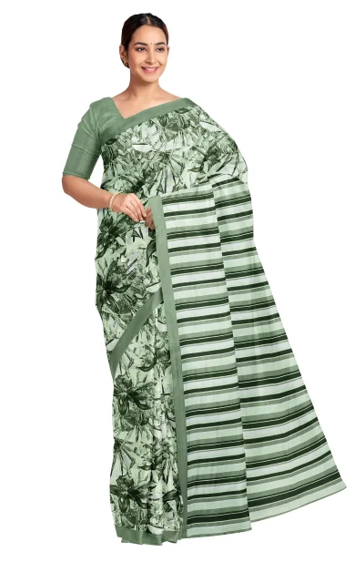 Calcutta Retro - Handwoven Olive Printed Silk Saree