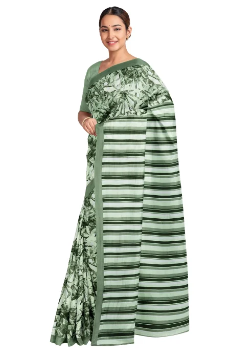 Calcutta Retro - Handwoven Olive Printed Silk Saree - Image 3