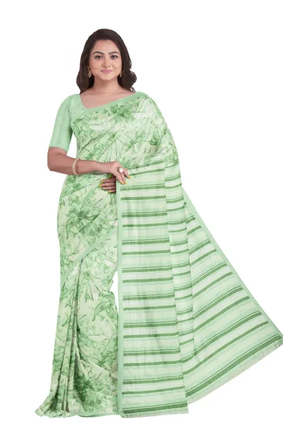 Calcutta Retro - Handwoven Printed Silk Saree - Mint