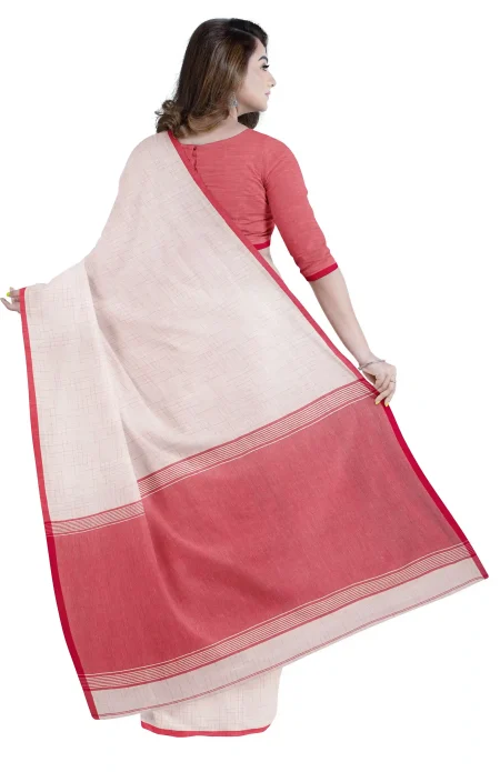 White and Red Tangail Handspun Cotton Saree - Image 3