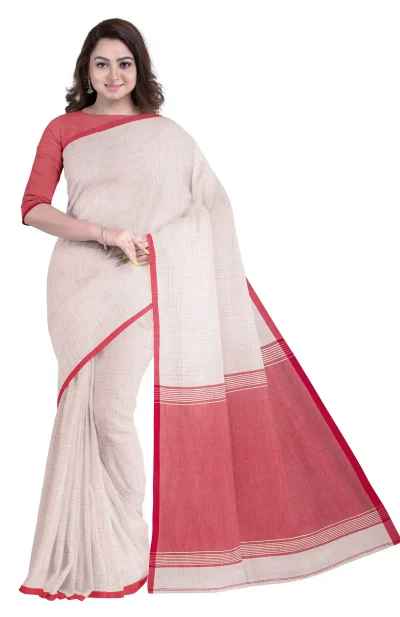 White and Red Tangail Handspun Cotton Saree
