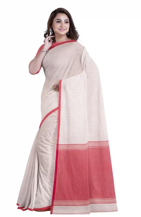 White and Red Tangail Handspun Cotton Saree - Image 2