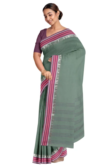 Santipuri Cotton Saree - Teal - Image 3