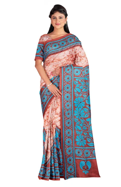 Handcrafted Kantha Silk Saree - Multi Colour