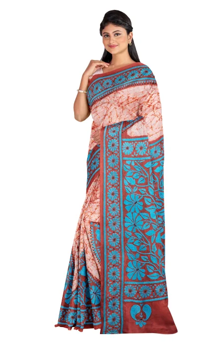 Handcrafted Kantha Silk Saree - Multi Colour - Image 2