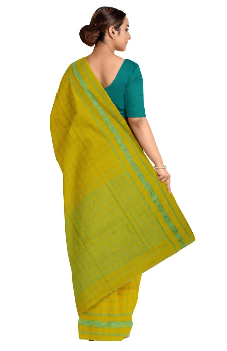 Tangail Cotton Saree - Lime Yellow - Image 3