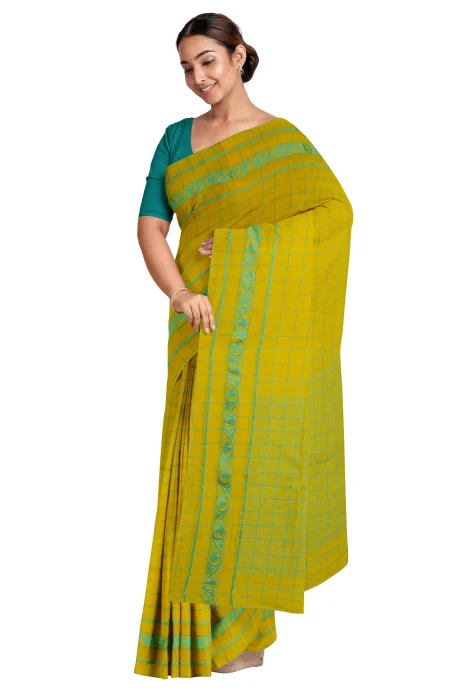 Tangail Cotton Saree - Lime Yellow - Image 2