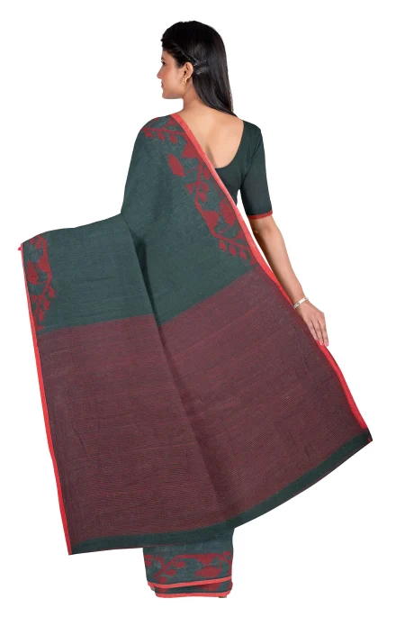 Tangail Cotton Saree - Pine Green - Image 3