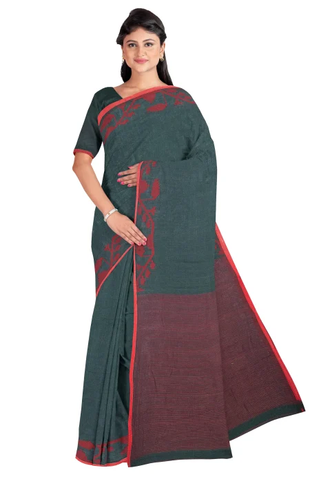 Tangail Cotton Saree - Pine Green - Image 2