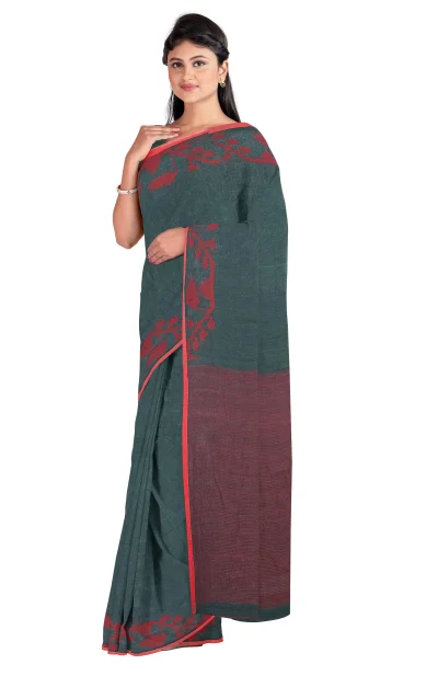 Tangail Cotton Saree - Pine Green