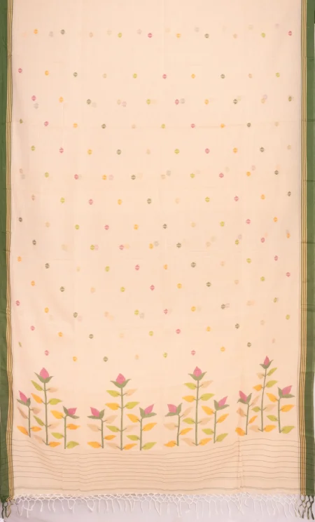 Handwoven Cotton Jamdani Saree - Cream - Image 4