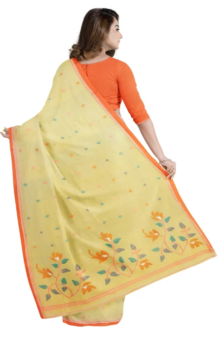 Handwoven Cotton Jamdani Saree - Lime Yellow - Image 3