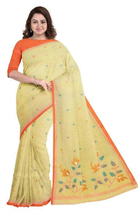 Handwoven Cotton Jamdani Saree - Lime Yellow - Image 2