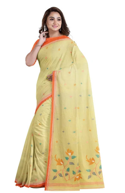 Handwoven Cotton Jamdani Saree - Lime Yellow
