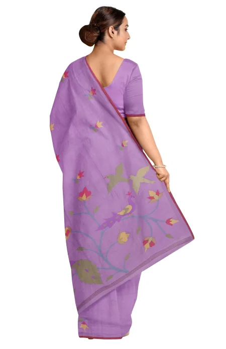Handwoven Cotton Jamdani Saree - Purple Orchid - Image 3