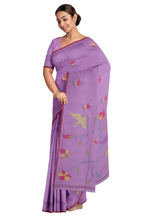 Handwoven Cotton Jamdani Saree - Purple Orchid - Image 2