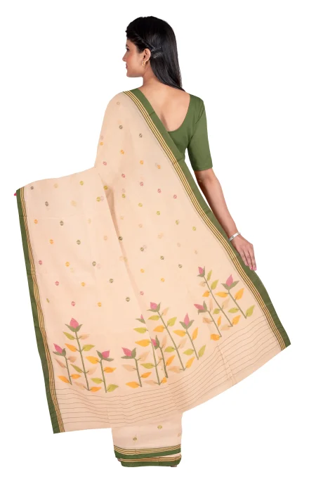 Handwoven Cotton Jamdani Saree - Cream - Image 3