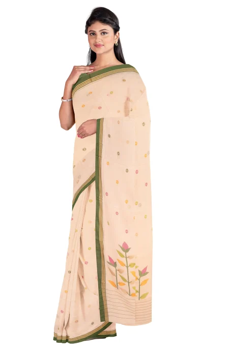 Handwoven Cotton Jamdani Saree - Cream - Image 2