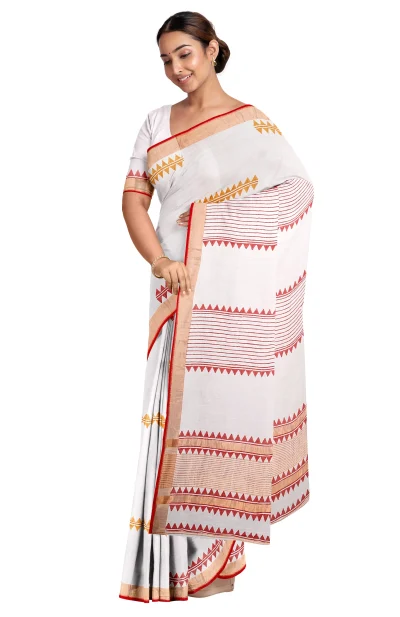 Hand Block Printed Cotton Saree - White and Red