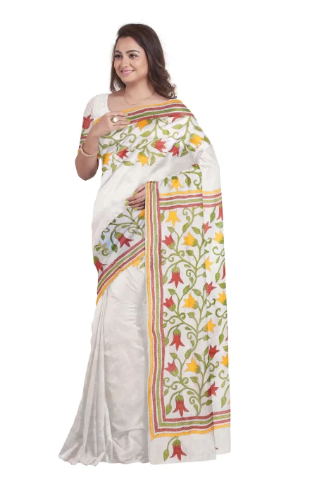 Handcrafted Kantha Tussar Silk Saree – from Srishtishree - Image 3