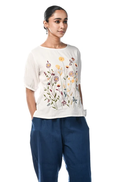 Cotton Sleeve Embroidered Top  - White