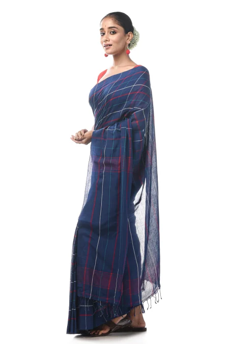 Handwoven Tangail Cotton Saree - Indigo Blue - Image 4
