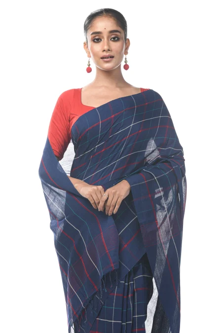 Handwoven Tangail Cotton Saree - Indigo Blue - Image 3