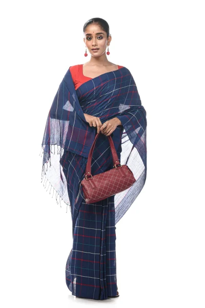 Handwoven Tangail Cotton Saree - Indigo Blue
