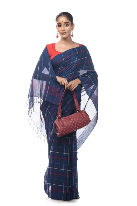 Handwoven Tangail Cotton Saree - Indigo Blue