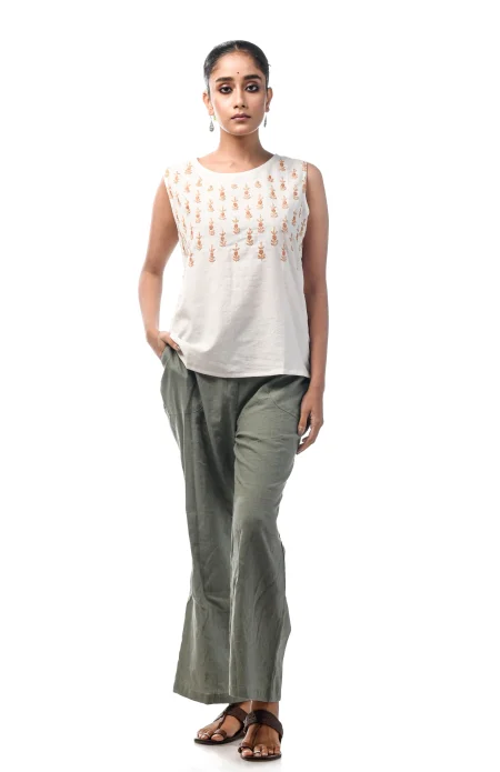 Cotton Sleeveless Embroidered Top  - White - Image 2