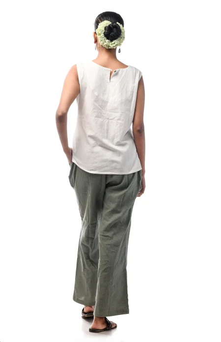 Cotton Sleeveless Embroidered Top  - White - Image 4