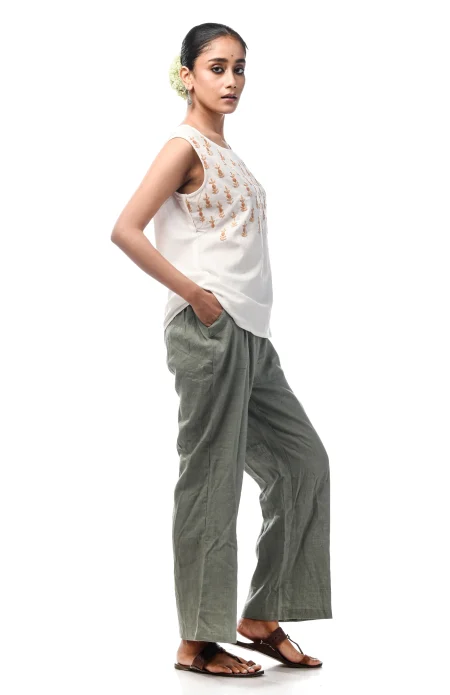 Cotton Sleeveless Embroidered Top  - White - Image 3