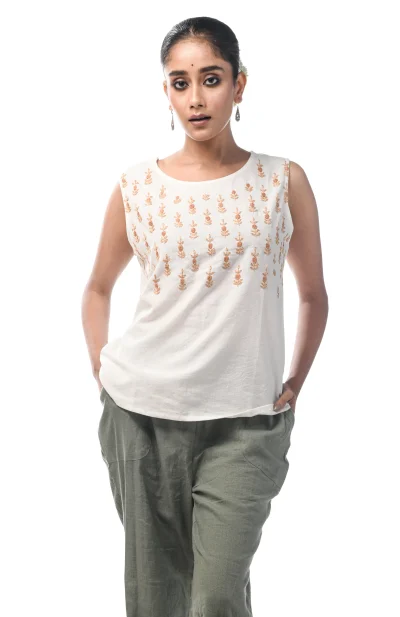 Cotton Sleeveless Embroidered Top  - White