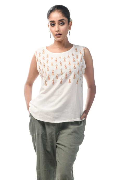 Cotton Sleeveless Embroidered Top  - White