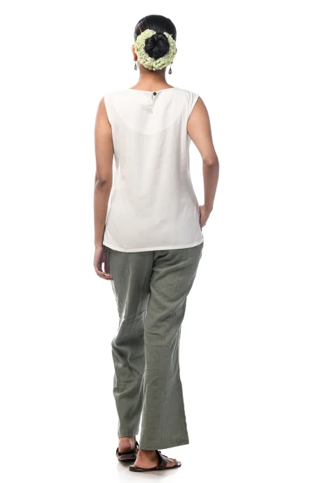 Cotton Sleeveless Embroidered Top  - White - Image 4