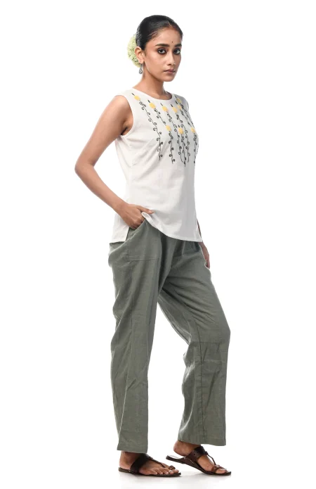 Cotton Sleeveless Embroidered Top  - White - Image 3