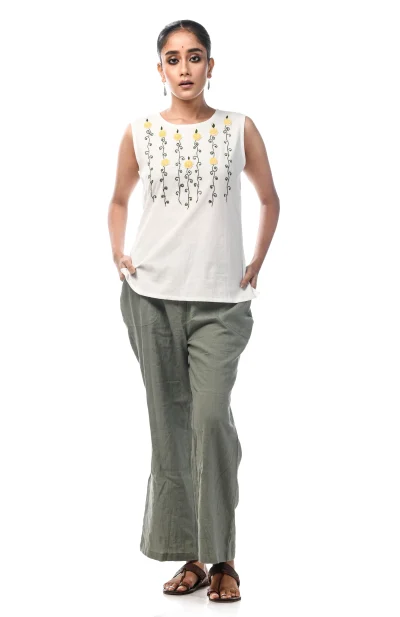 Cotton Sleeveless Embroidered Top  - White