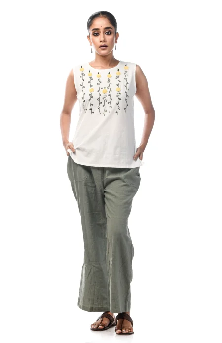 Cotton Sleeveless Embroidered Top  - White