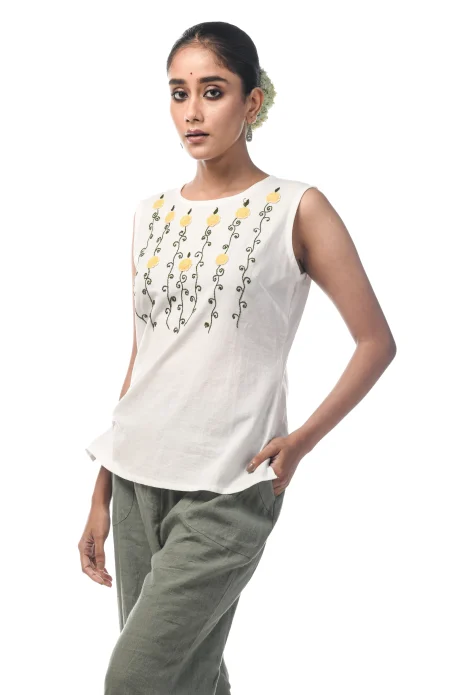 Cotton Sleeveless Embroidered Top  - White - Image 2