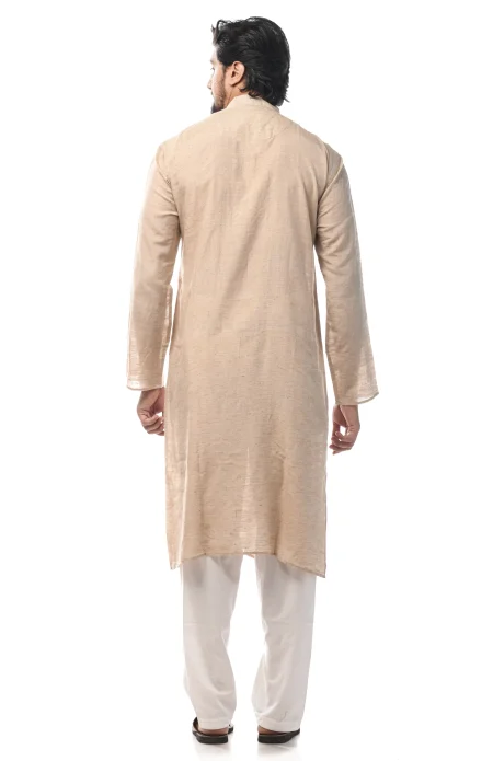 Hand Embroidered Cotton Tussar Kurta - Natural Colour - Image 4